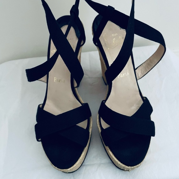 Authenticated Christian Louboutin Platform Wedges Black with Raffia EU 39 - Picture 11 of 12